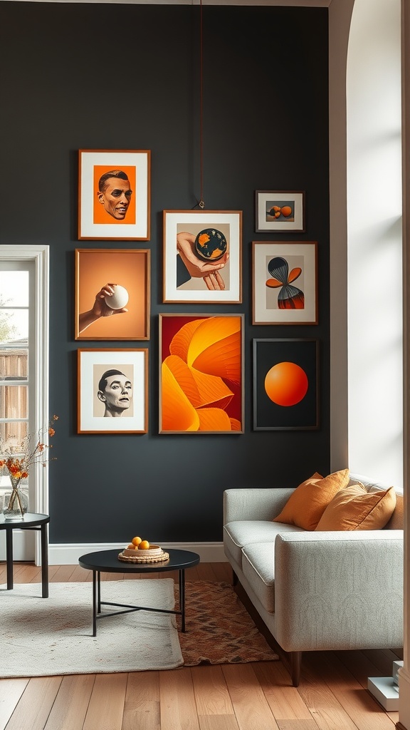artful gallery wall with orange highlights