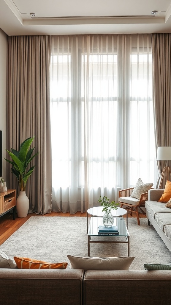 beige curtains with gray drapery