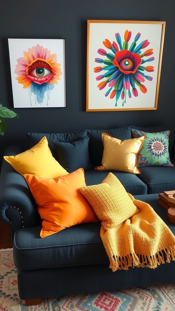 bold color contrasts with dark grey seating