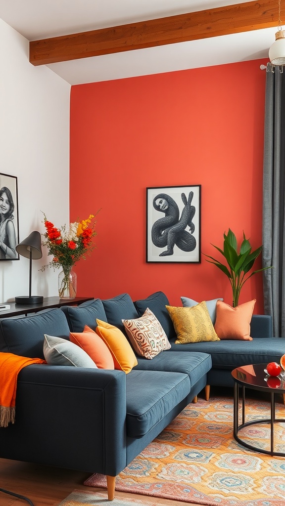 bold colors to contrast the dark grey sofa