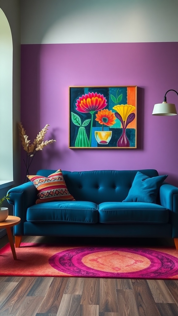bold contrast with dark blue and bright colors