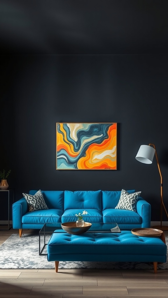 bold contrast with dark walls and blue sofa