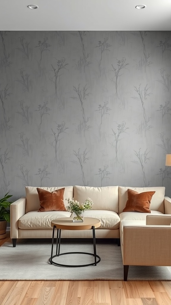 bold gray wallpaper with beige furniture