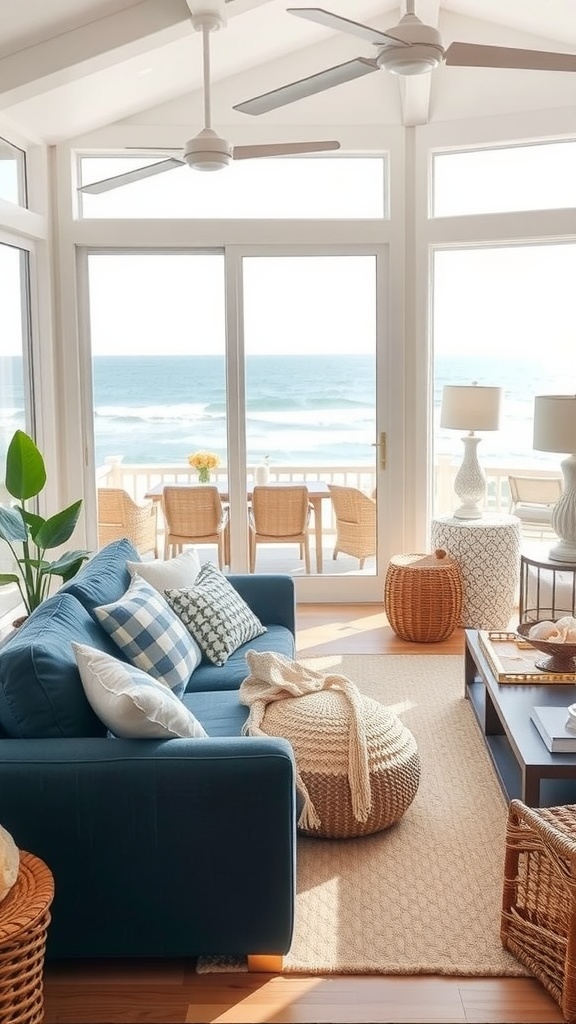 coastal vibes with dark blue sofa