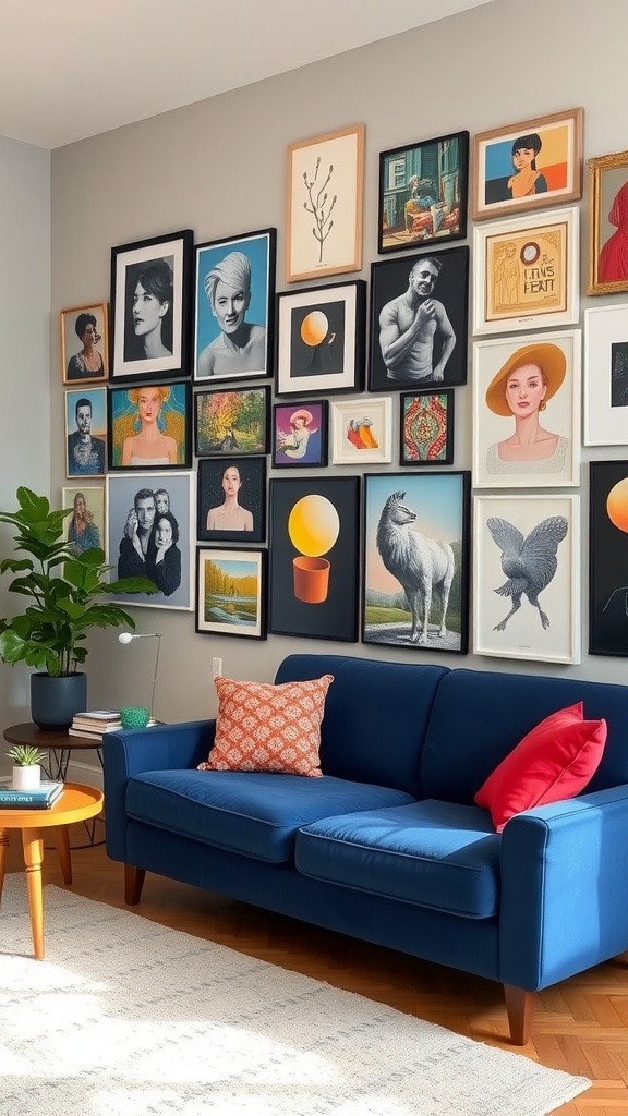 colorful gallery wall with dark blue sofa
