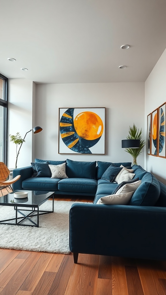 contemporary chic with dark blue sofa