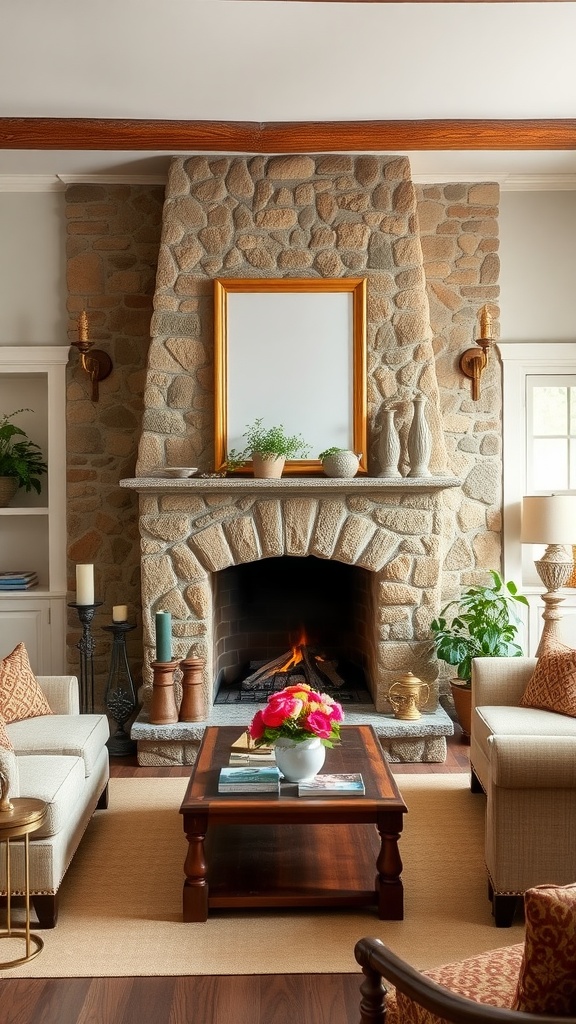 cozy fireplace with stone accents