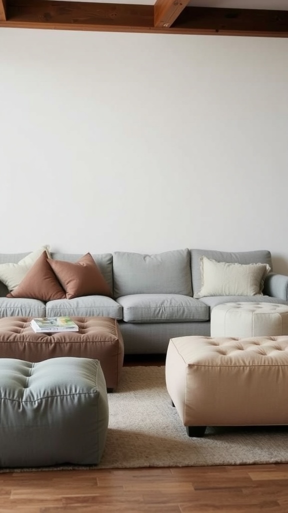 cushioned gray and beige ottomans
