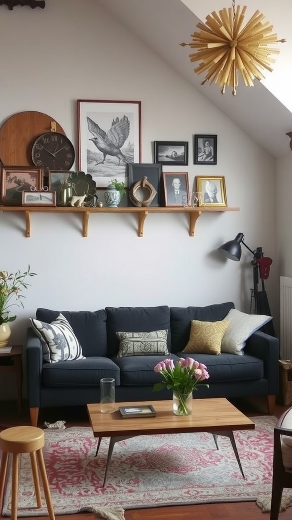 dark grey couch with vintage finds