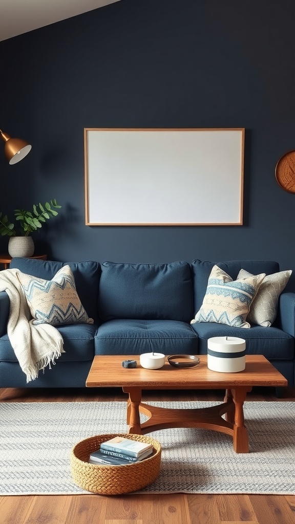 farmhouse chic with dark blue throw pillows