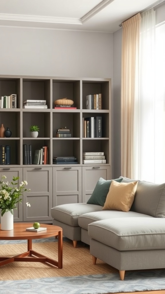 gray and beige bookcases for functionality