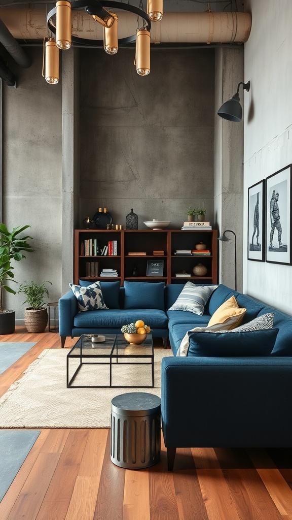 industrial edge with dark blue sofa