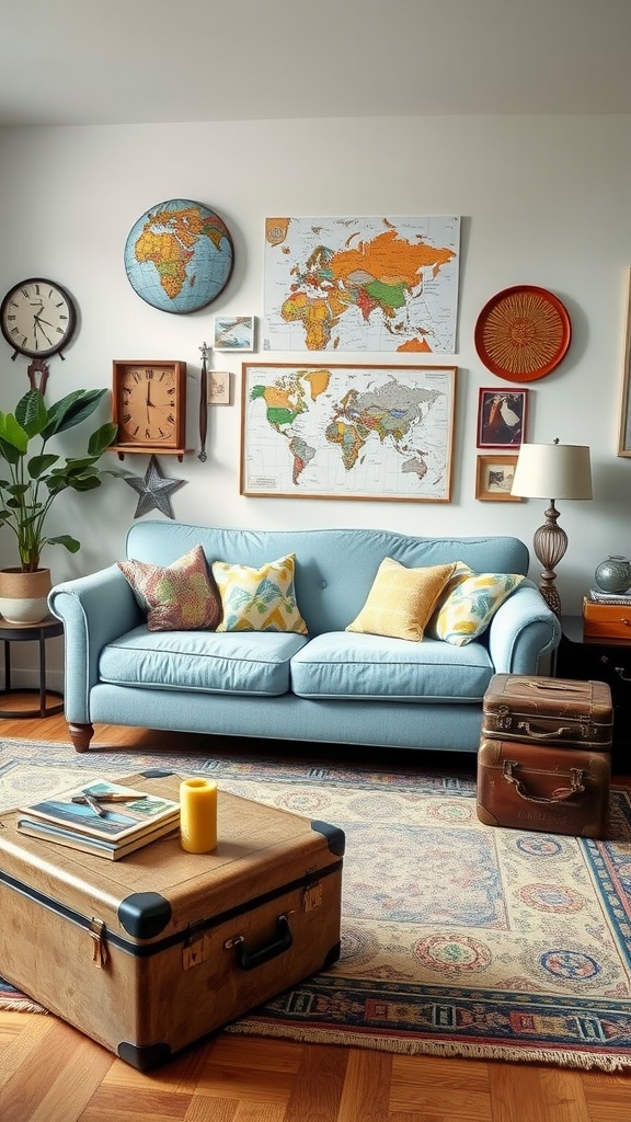 light blue sofa in a vintage travel theme