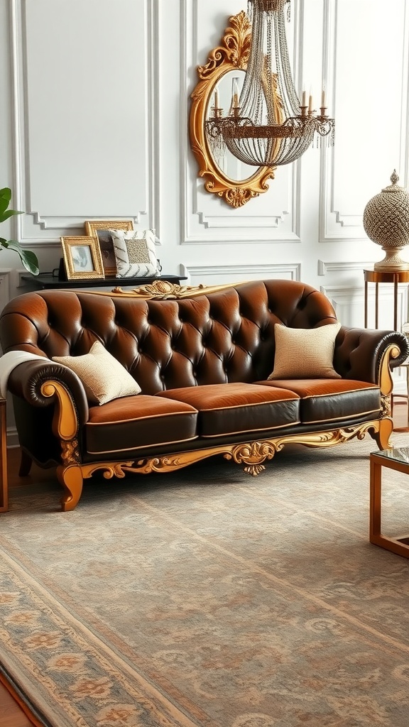 luxurious tufted sofa with gold accents