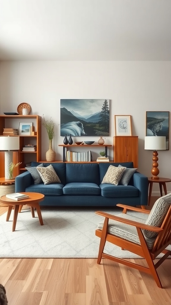 mid century modern delight with dark blue