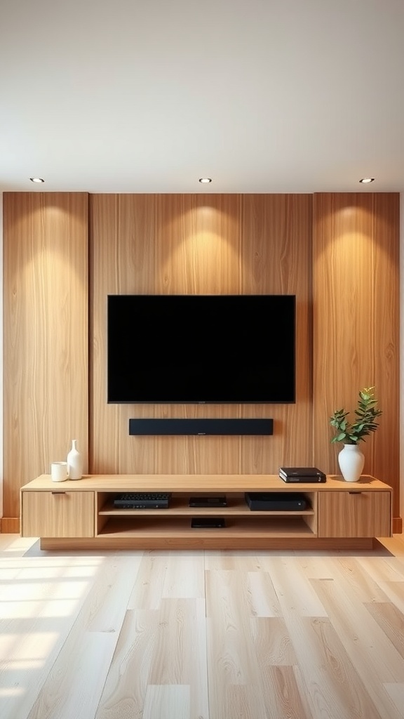 minimalist tv wall with natural wood accents