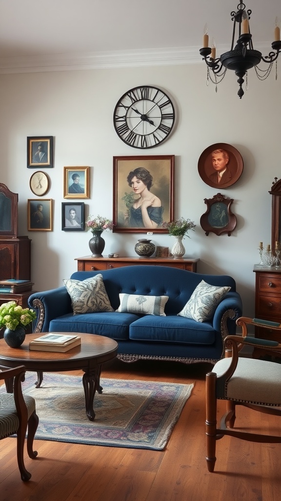 navy sofa with a vintage twist