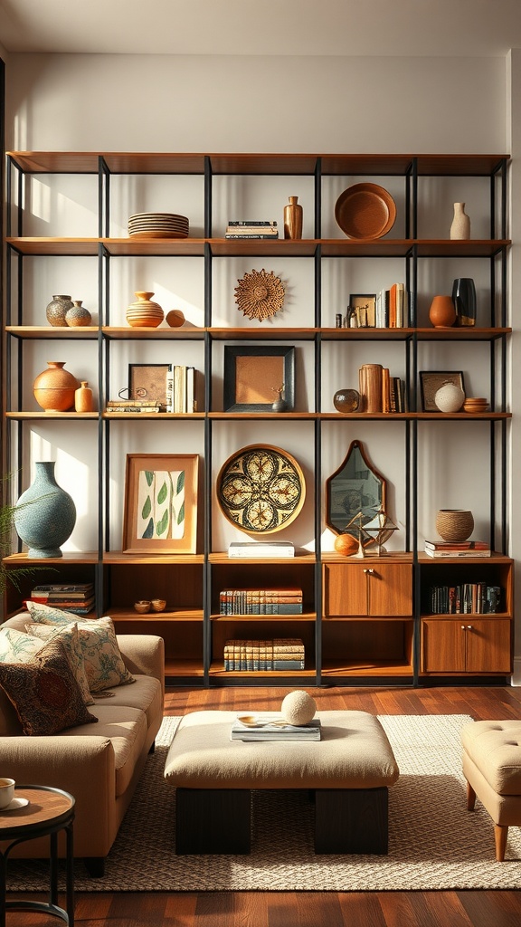 open shelving for stylish display in warm colors