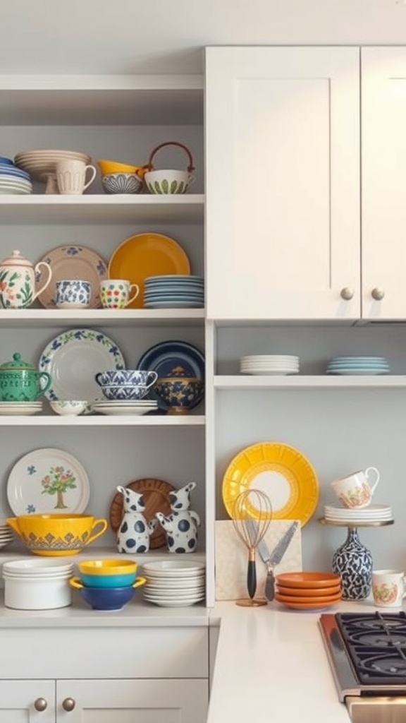 open shelving with unique dishware