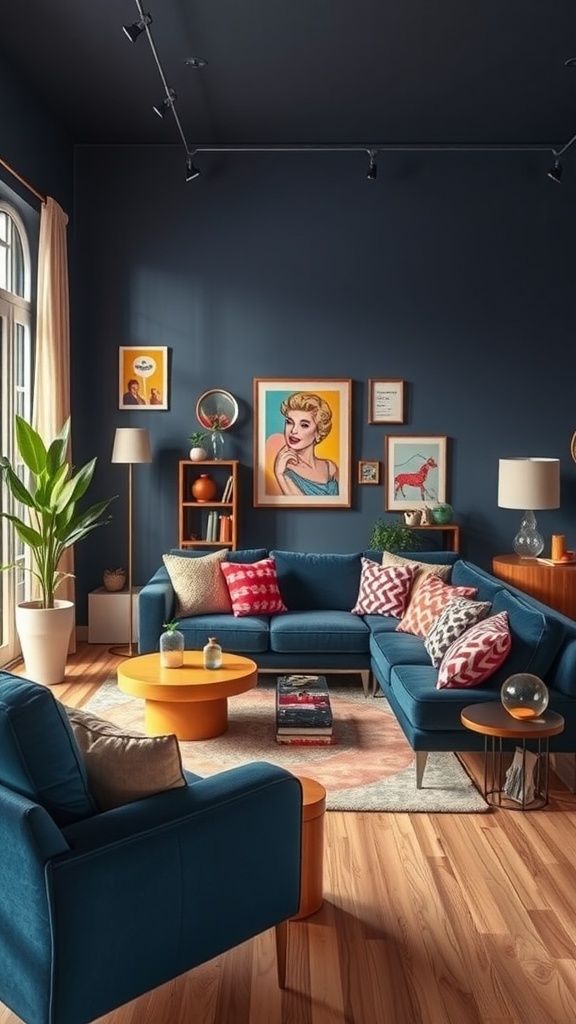 retro fun with dark blue and bright accents