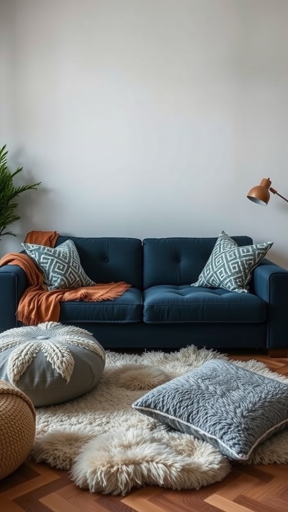 rich textures and layers in dark blue decor