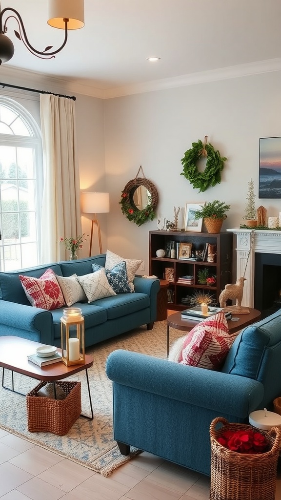 seasonal decor with blue sofas