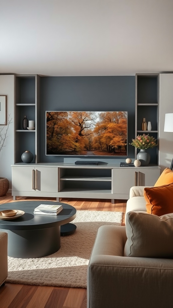 sleek entertainment center in gray