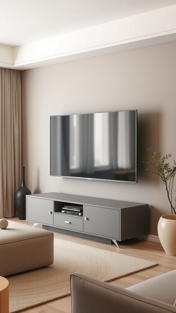 sleek gray tv unit with beige surroundings