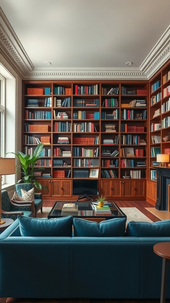 sophisticated library with blue accents