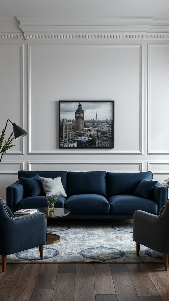 sophisticated monochrome with dark blue