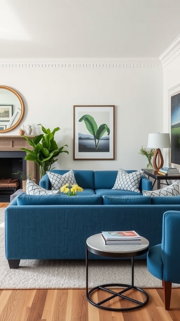 transitional spaces with blue seating