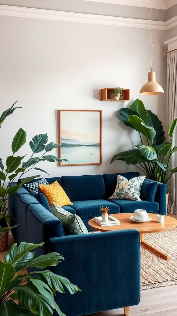 tropical oasis with dark blue sofa