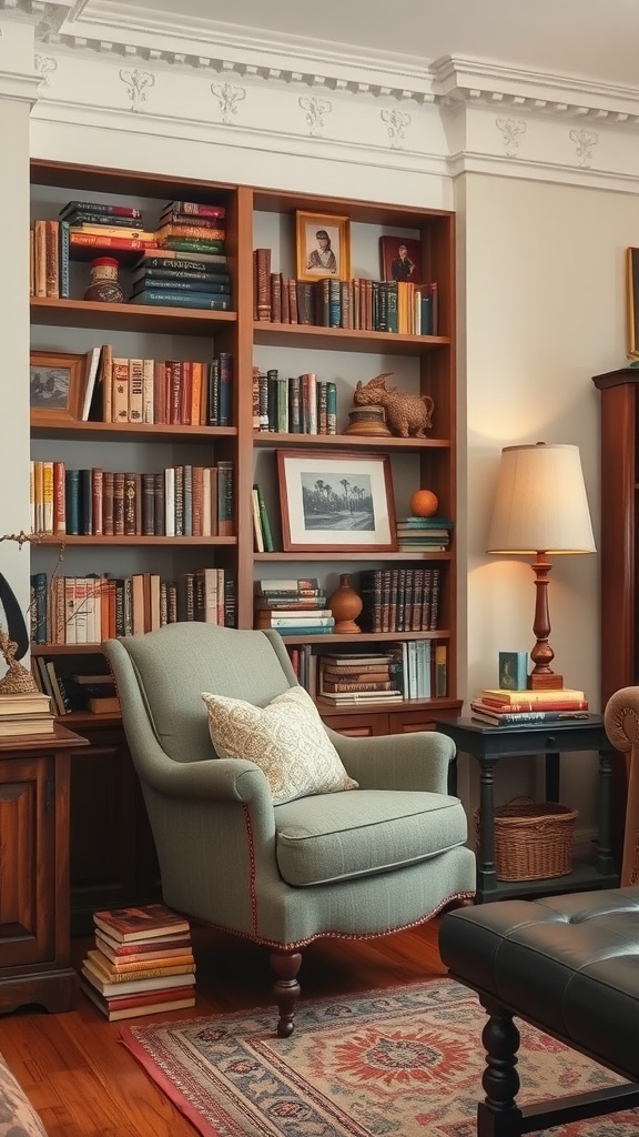 vintage bookshelves with cozy reading nook 1