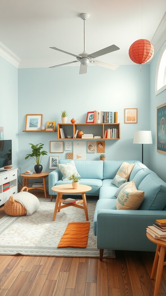 whimsical decor and sky blue sofas