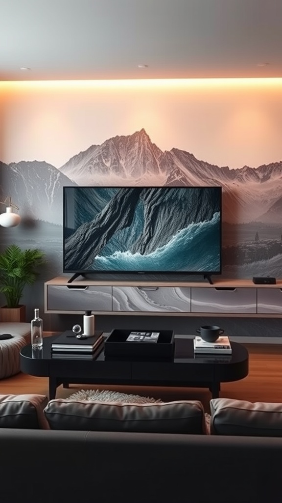 artistic wall mural behind the tv