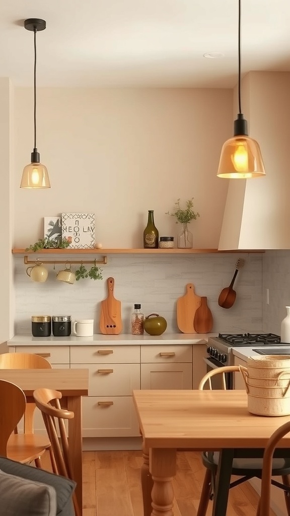 beige accent wall with warm lighting