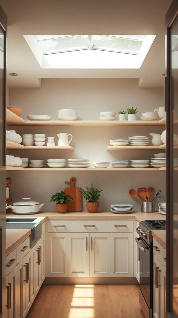 beige and white open shelving