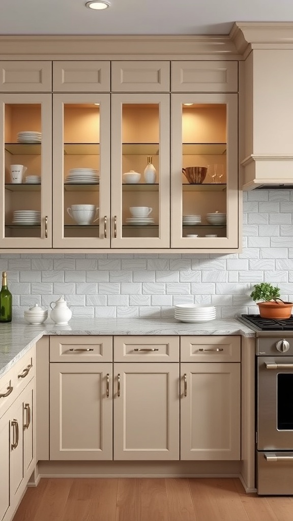 beige cabinets with glass inserts