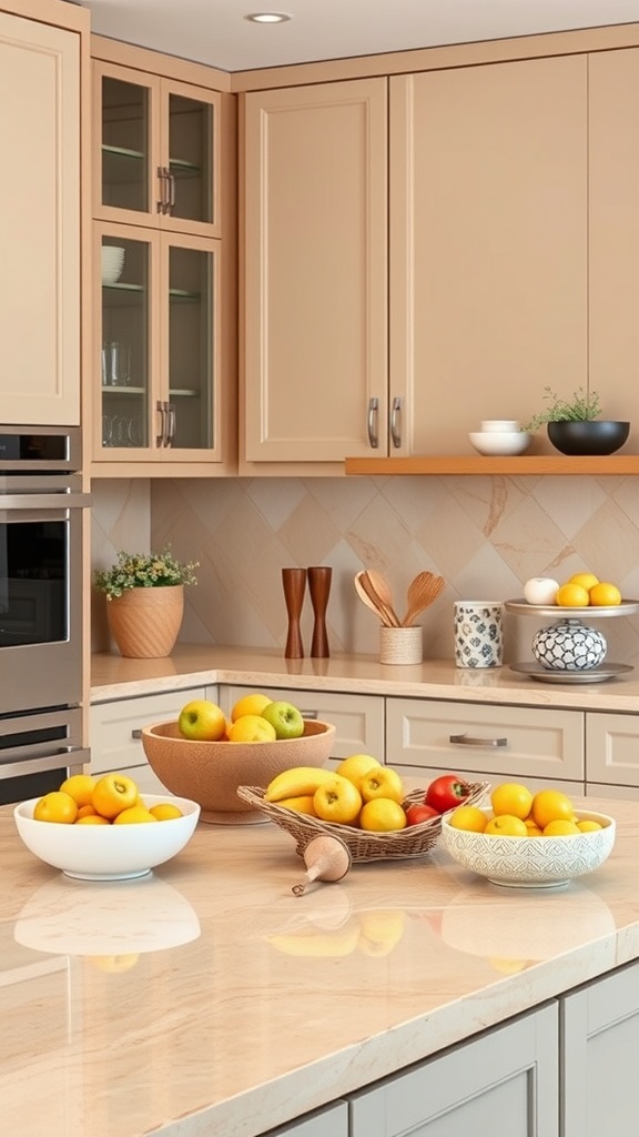 beige countertops with decorative bowls