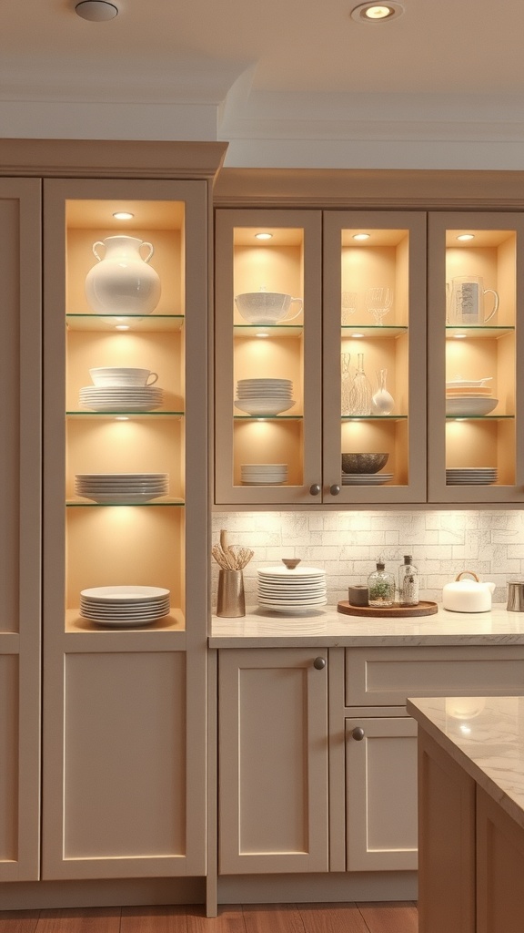 beige display cabinets with lighting