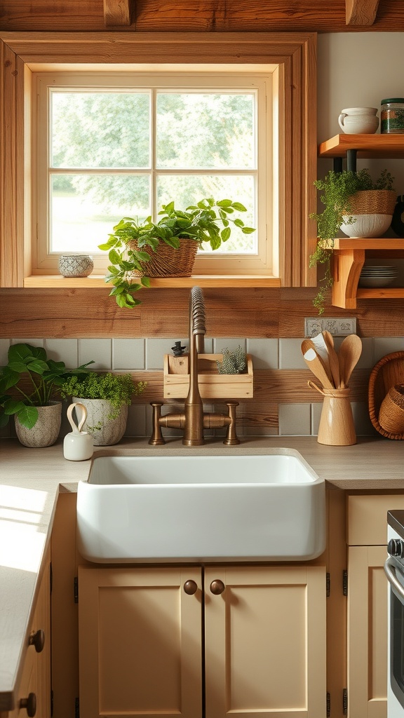 beige farmhouse sink with rustic features