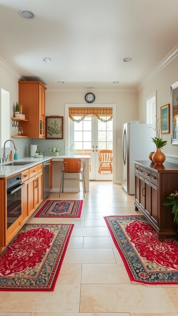 beige flooring with area rugs