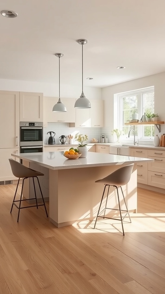 beige kitchen island with bar stools