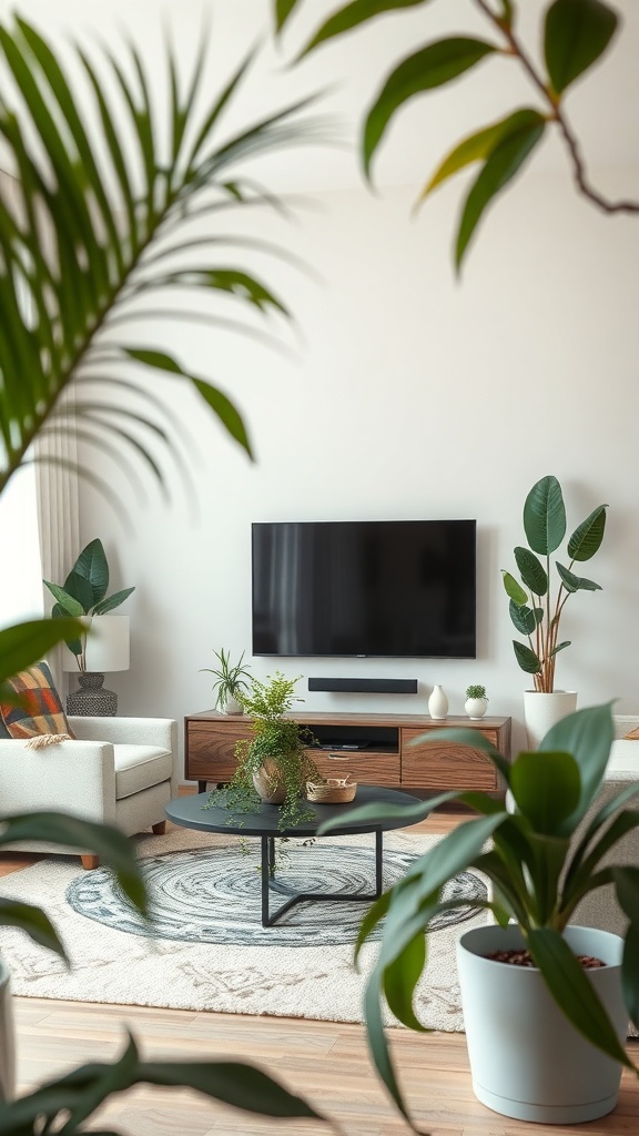 decorative plants framing the tv