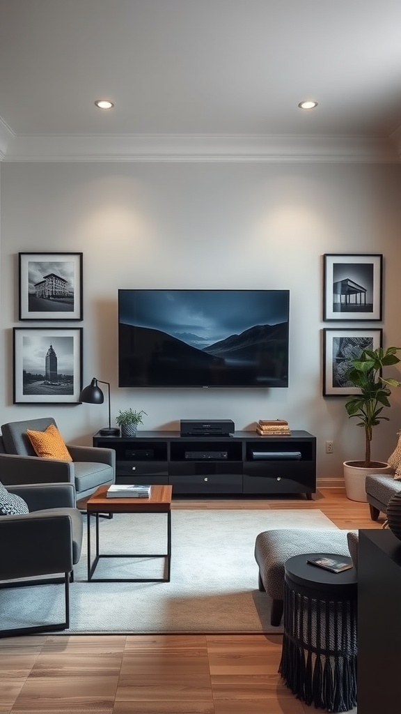 framed artwork surrounding the tv
