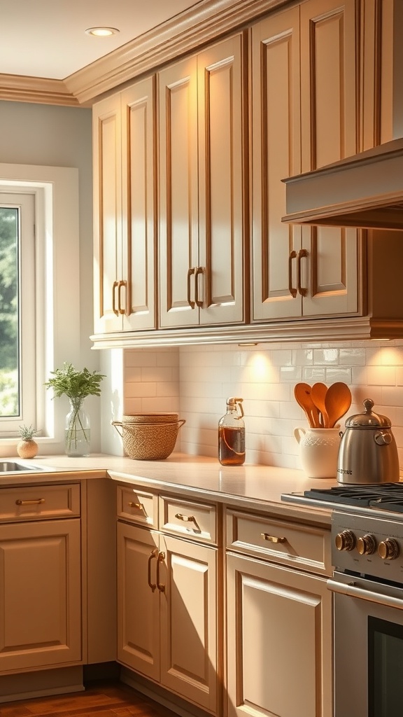warm beige cabinets with brass hardware